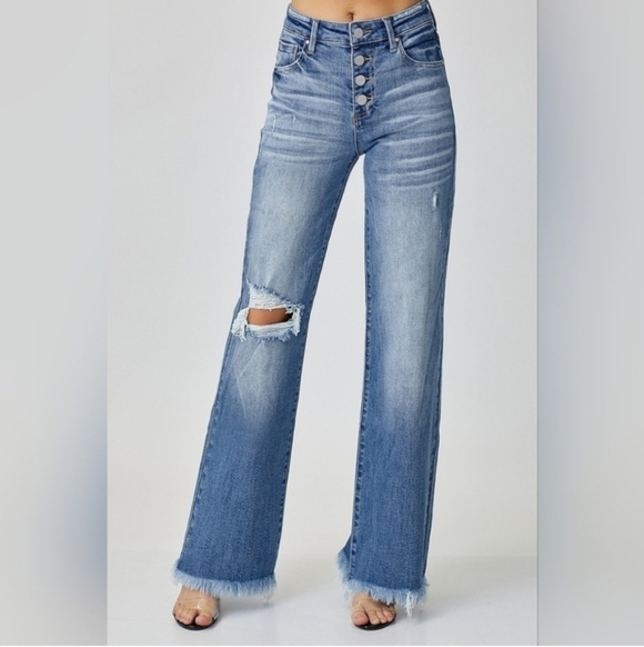 Risen Jeans Denim - Risen Distressed High-rise Butterfly Flare/Wide Leg Jeans